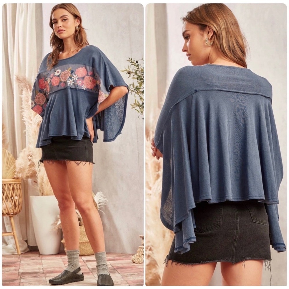 Savanna Jane Embroidered Poncho Top Womens 1X/2X Blue Floral Boho EUC